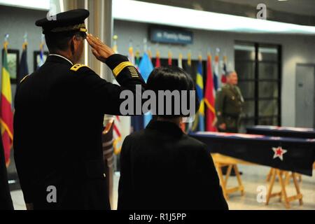 L'armée américaine le général Vincent Brooks K., gauche, le commandement de l'ONU et les forces des États-Unis Corée commandant et l'Honorable Pi, Woo Jin, Ministre des Affaires des anciens combattants, patriote et honorer les restes d'un soldat néo-zélandais et marin au cours d'une cérémonie de rapatriement à Osan Air Base, République de Corée, 5 octobre 2018. Le Commandement des Nations Unies est revenu PJ Mollison, et HL Herbert Lester Humm, un marin et soldat de la réinhumation dans leur patrie. Banque D'Images