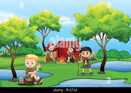 Camping Kids dans la forêt illustration Illustration de Vecteur