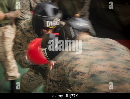 Golfe d'ADEN - U.S. Marine Cpl. Nery Diffenderfer, un mortier avec Marine, Compagnie d'armes de l'équipe d'atterrissage bataillon 3/1, 13e Marine Expeditionary Unit (MEU), bretelles lui-même contre un adversaire lors d'un événement d'entraînement pour les Arts Martiaux - instructeur à bord de la classe Whidbey Island landing ship dock USS Rushmore (LSD 47), 5 octobre 2018. Le groupe amphibie d'Essex et 13e MEU sont déployés dans le domaine de la 5e flotte américaine des opérations à l'appui des opérations navales pour assurer la stabilité et la sécurité maritime dans la région Centrale, reliant la Méditerranée et le Pacifique à travers l'ouest Banque D'Images