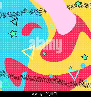 Modèle Memphis de formes géométriques pour les tissus et des cartes postales. Vector Illustration. Style hippie. Abstract colorful background funky. Illustration de Vecteur