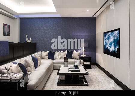 Salon monochrome avec canapé d'angle Banque D'Images