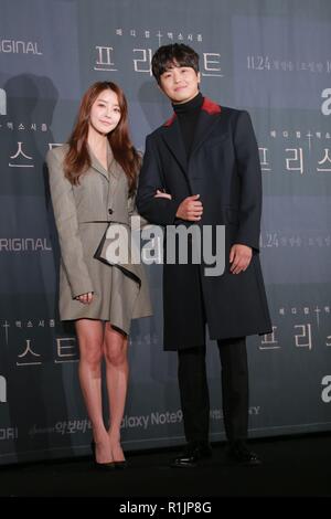 Séoul, Corée. 12Th Nov, 2018. Woo-jin Yeon, Yu-mi Jeong, Park Yong-woo assister à la conférence de la production de prêtre à Séoul, Corée, le 12 novembre 2018.(La Chine et la Corée à l'homme) Credit : TopPhoto/Alamy Live News Banque D'Images