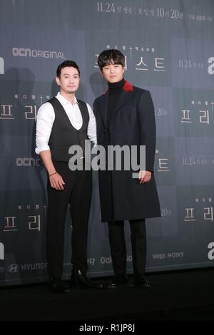 Séoul, Corée. 12Th Nov, 2018. Woo-jin Yeon, Yu-mi Jeong, Park Yong-woo assister à la conférence de la production de prêtre à Séoul, Corée, le 12 novembre 2018.(La Chine et la Corée à l'homme) Credit : TopPhoto/Alamy Live News Banque D'Images