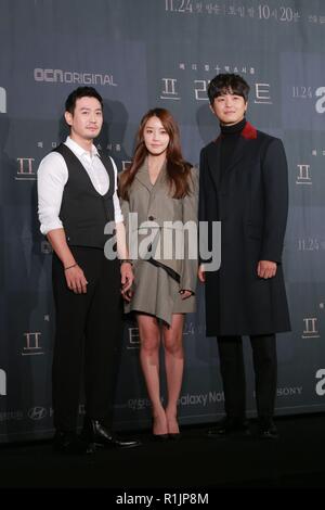Séoul, Corée. 12Th Nov, 2018. Woo-jin Yeon, Yu-mi Jeong, Park Yong-woo assister à la conférence de la production de prêtre à Séoul, Corée, le 12 novembre 2018.(La Chine et la Corée à l'homme) Credit : TopPhoto/Alamy Live News Banque D'Images