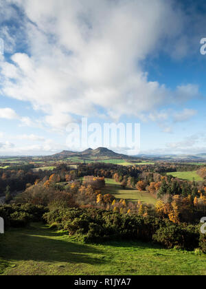 Eildon Hills, Melrose, Scottish Borders. 13Th Nov 2018. UK : Météo Novembre chaud et ensoleillé dans la région des Scottish Borders, jeudi 13 novembre, couleurs d'automne dans la vallée de Tweed avec l'Eildon Hills vu de Scott's View près de Melrose. Crédit : David Kilpatrick/Alamy Live News Banque D'Images