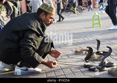 Marrakech, Maroc. 13Th Nov, 2018. Un jongleur effectue avec les serpents sur la place Jemaa el Fnaa à Marrakech, Maroc, le 13 novembre, 2018. Situé au centre de Marrakech, la place Jemaa el-Fnaa est la principale attraction touristique de la ville. Credit : Aissa/Xinhua/Alamy Live News Banque D'Images