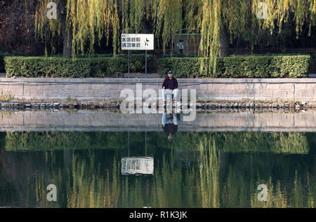 Beijing, Chine. 12Th Nov, 2018. Un pêcheur se trouve sur les rives de la rivière Liangmahe à Beijing. Credit : Ralf Hirschberger/dpa/Alamy Live News Banque D'Images