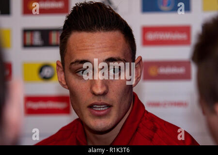 Cardiff, Pays de Galles. 13 novembre, 2018. Pays de Galles defender Connor Roberts fait face à la presse avant le match contre le Danemark dans l'UEFA Ligue des Nations Unies. Lewis Mitchell/YCPD. Credit : Lewis Mitchell/Alamy Live News Banque D'Images