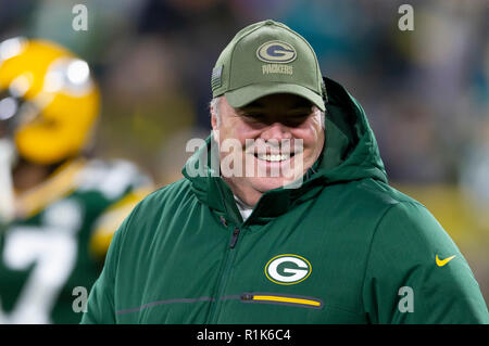 Green Bay, WI, USA. 11Th Nov, 2018. Green Bay l'entraîneur-chef Mike McCarthy au cours de la NFL football match entre les dauphins de Miami et les Packers de Green Bay à Lambeau Field de Green Bay, WI. Packers défait les dauphins 31-12. John Fisher/CSM/Alamy Live News Banque D'Images