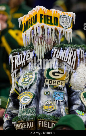 Green Bay, WI, USA. 11Th Nov, 2018. Un ventilateur de Green Bay ressemble au cours de la NFL football match entre les dauphins de Miami et les Packers de Green Bay à Lambeau Field de Green Bay, WI. Packers défait les dauphins 31-12. John Fisher/CSM/Alamy Live News Banque D'Images