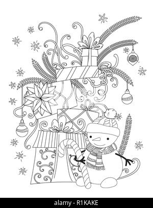 Coloriages de Noël pour les enfants et les adultes. Cute snowman avec écharpe et chapeau tricoté. Maison de vacances pile de cadeaux. Hand drawn vector illustration. Illustration de Vecteur