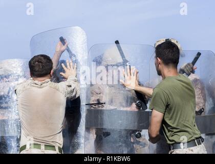 Mer Méditerranée (oct. 11, 2018) Les Marines américains affectés au 13e Marine Expeditionary Unit (MEU) participer à la formation anti-émeute à bord du San Antonio-classe de transport amphibie USS dock Anchorage (LPD 23) dans la mer Méditerranée le 11 octobre 2018. Anchorage et entrepris 13e MEU sont déployés dans le domaine de la sixième flotte américaine de la paix comme une force d'intervention de crise à l'appui de partenaires régionaux ainsi que de promouvoir les intérêts de la sécurité nationale des États-Unis en Europe et en Afrique. Banque D'Images