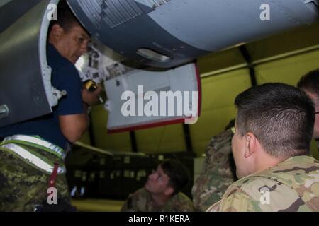 Un technicien d'aéronef avec l'Aviation royale du Canada des soldats de l'armée américaine enseigne affecté à la 482e détachement du génie de l'Administration centrale des pompiers de Sturtevant, Wisconsin sur le F/A-18 Hornet à Mihail Kogălniceanu Air Base, Roumanie, Octobre 12th, 2018. Les pompiers militaires des États-Unis et du Canada sont stationnés à la base aérienne de Mihail Kogălniceanu, la Roumanie à l'appui de l'opération Atlantic résoudre. Formation ensemble améliore l'interopérabilité entre les forces armées des deux pays et s'assure qu'ils sont prêts à intervenir en cas d'urgence dans la région. Banque D'Images