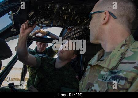 Un soldat de l'Armée américaine affecté à l'Aviation Générale 2e Bataillon, 4e Brigade d'aviation de combat, 4e Division d'infanterie, explique les commandes d'un hélicoptère Sikorsky UH-60 Blackhawk aux membres de la Gendarmerie royale du Canada et les soldats de la 513e Détachement de pompiers de Fort Bragg, Caroline du Nord, à la base aérienne de Mihail Kogălniceanu, Roumanie, Octobre 15th, 2018. Les pompiers militaires des États-Unis et du Canada sont stationnés à la base aérienne de Mihail Kogălniceanu, la Roumanie à l'appui de l'opération Atlantic résoudre. Formation ensemble améliore l'interopérabilité entre les deux Banque D'Images