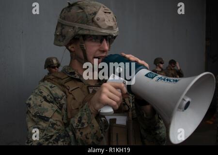 Le Sgt. Noah Dahl, un officier de sécurité de champ de tir et le sergent du peloton avec la société F, l'Équipe de débarquement du bataillon, 2e Bataillon, 5ème Marines, donne aux commandes pendant entraînement à bord du navire d'assaut amphibie USS Wasp LHD (1), en cours dans la mer de Chine orientale, le 16 octobre 2018. Dahl, originaire de Montgomery, New York, a obtenu son diplôme de Valley Central High School en juin 2013 ; il s'est enrôlé en mars 2014. La société F, l'élément raid par hélicoptère avec BLT 2/5, a mené cette formation à affiner le tir de compétences au cours de l'automne la patrouille. La 31e unité expéditionnaire de marines, le Corps des Marines' seulement continuellement Banque D'Images