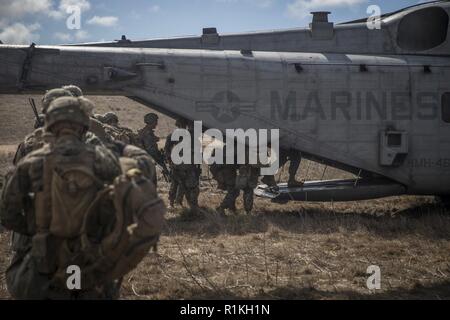 Marines avec la compagnie Kilo, 3e Bataillon, 5e Régiment de Marines, bord d'un CH-53E Super Stallion avec Marine (465 Escadron d'hélicoptères lourds HMH-465) au cours d'un raid d'hélicoptère à Camp Pendleton, Californie, le 4 octobre 2018. HMH-465 fourni pour les Marines d'insertion de l'hélicoptère pendant le raid en préparation pour un prochain déploiement avec la 11e Marine Expeditionary Unit. Banque D'Images