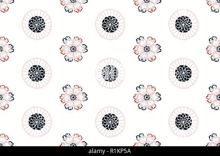 Indigo Motif au pochoir transparent, motif traditionnel japonais avec des fleurs de cerisier et de pivoines et fleurs. Bleu marine et rouge sur blanc. Illustration de Vecteur