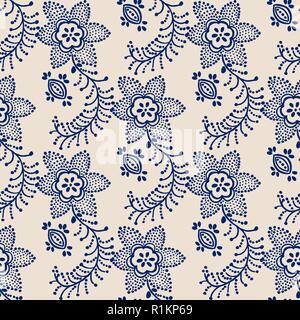 Transparent imprimé traditionnel bloc ornement, fait à la main avec motif fleurs bleu russe sur fond écru. Le design textile. Illustration de Vecteur