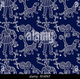 Bloc bleu imprimé ornement. Vecteur transparente motif ethnique motif folklorique russe, avec un décor de chasse. Écru sur fond indigo. Impression textile. Illustration de Vecteur