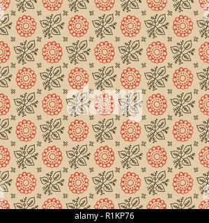 Sur bois transparent imprimé motif floral. Parure ethnique vecteur traditionnel russe, avec motif feuilles marron et orange fleurs sur fond écru. Illustration de Vecteur