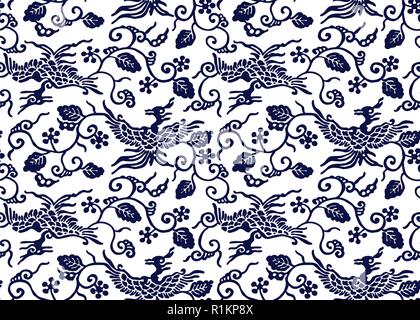 Indigo Motif au pochoir transparent, motif traditionnel japonais avec des fleurs de pivoine et fleurs. Le bleu marine sur fond écru. Illustration de Vecteur