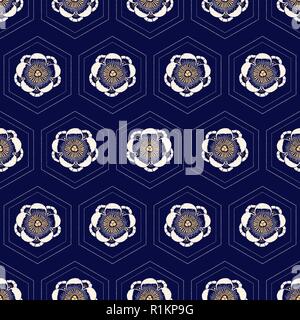 Indigo bloc homogène, motif d'impression traditionnels japonais motif géométrique avec fleur de cerisier et d'hexagones de miel. Ecru et or sur bleu marine b Illustration de Vecteur