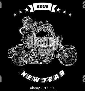 Les sangliers sur moto. Motard, motocycliste. Symbole de 2019 - année du cochon. Illustration à la main avec la nouvelle année, l'inscription, emblème de moto styl Illustration de Vecteur