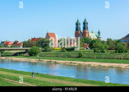 L'île de la cathédrale de Poznan, vue sur l'horizon de l'île de la cathédrale (Ostrow Tumski) avec la rivière Warta au premier plan, Poznan, Pologne. Banque D'Images