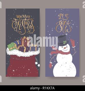 Ensemble de deux bandeaux de couleur avec brosse Noël lettrage, un sac de cadeaux et un mignon petit bonhomme de neige. Illustration de Vecteur