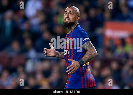 Barcelone, Espagne - 11 novembre : Arturo Vidal, du FC Barcelone réagit pendant le match de la Liga entre le FC Barcelone et Real Valladolid c.f. au Camp Nou le 11 novembre 2018 à Barcelone, Espagne. (Photo de David Aliaga/MO Media) Banque D'Images