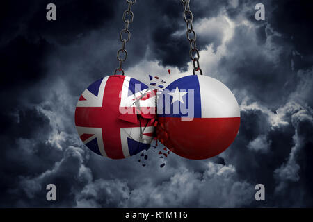 Le Royaume-Uni et le Chili politique drapeau smash balles dans l'autre. Le Rendu 3D Banque D'Images