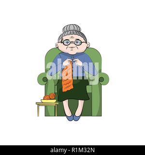 Grand-mère tricote sur une chaise. Vector illustration couleur Illustration de Vecteur