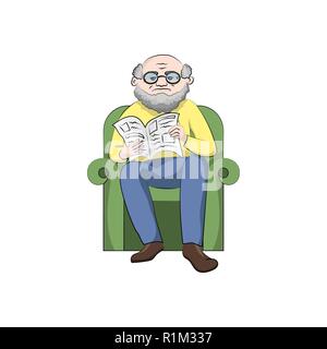 Grand-père dans un fauteuil lisant un journal. Vector illustration couleur Illustration de Vecteur