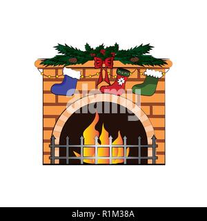Cheminée avec des décorations de Noël. Vector illustration couleur Illustration de Vecteur
