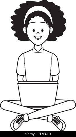 Femme assise au sol avec ordinateur portable en noir et blanc vector illustration graphic design Illustration de Vecteur