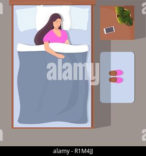 Femme dormir dans son lit, vue du dessus. Fille dort paisiblement. Vector illustration style de télévision Illustration de Vecteur