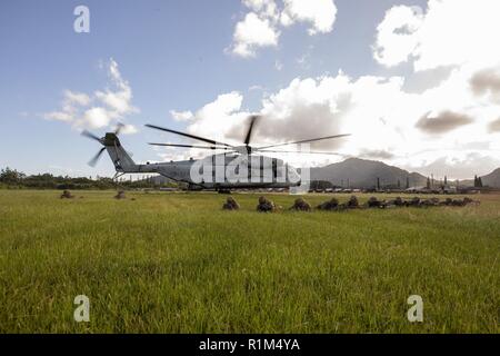 Des soldats américains affectés au 3e Régiment, 7e Bataillon d'artillerie, assurer la sécurité après le déchargement d'un CH-53E Super Stallion helicopter affectés à l'Escadron d'hélicoptères lourds Marine (HMH) 463 au cours de l'opération au Crucible Steel Dragon Landing Zone X, Schofield Barracks, Octobre 17, 2018. HMH-463 fait équipe avec des soldats américains affectés au 3e Régiment, 7e Bataillon d'artillerie, de mener une équipe d'appui d'hélicoptères de l'exercice, le transfert d'un M777 155mm Howitzer remorqués d'une zone d'atterrissage à l'autre. Banque D'Images