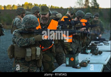 Le Corps des Marines des États-Unis. Sayfullakhuji Nurullakhonov, avec 2e Marine Logistics Group-Forward, incendies un fusil de combat norvégien AG-3 avec le Norwegian Home garde pendant l'exercice Trident stade 18 dans l'enfer, la Norvège, le 12 octobre 2018. Les Norvégiens formés Marines des États-Unis sur la familiarisation des fusils différents utilisés par les Norvégiens de renforcer les États-Unis et ses alliés de l' et leur aptitude à travailler ensemble collectivement pour mener des opérations militaires dans des conditions difficiles. Banque D'Images