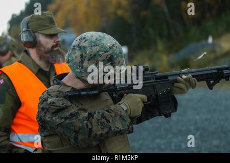 Le sergent du Corps des Marines des États-Unis. Brian Daly, avec 2e Marine Logistics Group-Forward, incendies un fusil de combat norvégien AG-3 avec le Norwegian Home garde pendant l'exercice Trident stade 18 dans l'enfer, la Norvège, le 12 octobre 2018. Les Norvégiens formés Marines des États-Unis sur la familiarisation des fusils différents utilisés par les Norvégiens de renforcer les États-Unis et ses alliés de l' et leur aptitude à travailler ensemble collectivement pour mener des opérations militaires dans des conditions difficiles. Banque D'Images