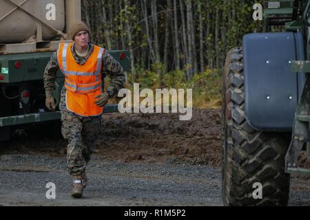 Circuit du Corps des Marines des États-Unis. Patrick Gregory, avec l'arrivée et les opérations d'assemblage, 2e élément de la logistique maritime, Group-Forward guides au sol pour un tracteur, caoutchouc articulé, fatigué, véhicule multi-usage au cours de l'exercice Trident stade 18 dans l'enfer, la Norvège, le 15 octobre 2018. Les Marines déchargés des camions qui a rendu la puissance supplémentaire et de panneaux solaires pour le camp. Stade Trident 18 améliore les États-Unis et ses alliés de l'Otan et partenaires capacité à travailler ensemble collectivement pour mener des opérations militaires dans des conditions difficiles. Banque D'Images