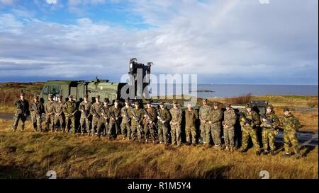 Les Marines américains affectés à la batterie Alpha, 2e Bataillon de défense aérienne à basse altitude posent avec des membres de l'Armée norvégienne au cours de l'exercice Trident stade 18, près de l'Orland, la Norvège, le 18 octobre 2018. Stade Trident 18 améliore les États-Unis et ses alliés de l'Otan et partenaires capacité à travailler ensemble collectivement pour mener des opérations militaires dans des conditions difficiles. Banque D'Images