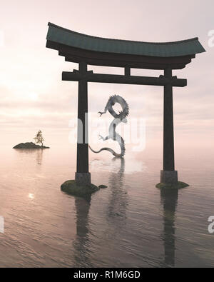 Dragon Oriental dans la brume de mer derrière un Temple Gate Banque D'Images