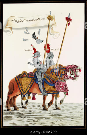 Deux chevaliers en armures de joute (Gestech) et armés de lances, illustration d'une édition en fac-similé de 'Les jeunes'' 1529 Tournoi de livre, 1910 (litho couleur) Banque D'Images