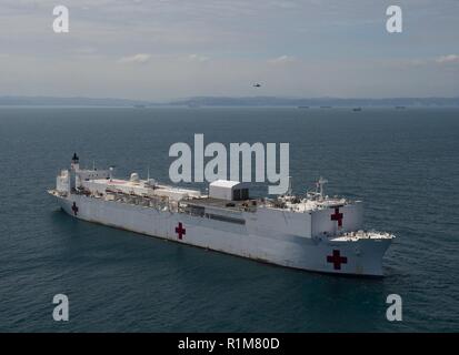 ESMERALDAS (Équateur (oct. 20, 2018) - Le navire-hôpital USNS Comfort (T-AH 20) est stationné au large de la côte de l'Equateur dans le cadre d'un soutien médical de 11 semaines de mission d'Amérique centrale et du Sud dans le cadre du U.S. Southern Command's Enduring promesse initiative. Travailler avec des partenaires gouvernementaux et de santé en Équateur, au Pérou, en Colombie et au Honduras, l'équipe médicale a entrepris des soins à bord et dans les sites médicaux, aide à relâcher la pression sur les systèmes médicaux causée en partie par une augmentation des migrants transfrontaliers. Le déploiement reflète la promesse durable de Banque D'Images