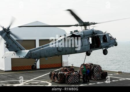 (Oct. 20, 2018), l'Equateur Esmeraldas - fixer les palettes à l'offre de marins un MH-60S Seahawk, affecté à la mer "Chevaliers" de la mer de l'Escadron d'hélicoptères de combat (HSC), 22 au cours d'un ravitaillement vertical à bord du navire-hôpital USNS Comfort (T-AH 20). Le confort est de 11 semaines sur une mission d'appui médical à l'Amérique centrale et du Sud dans le cadre du U.S. Southern Command's Enduring promesse initiative. Travailler avec des partenaires gouvernementaux et de santé en Équateur, au Pérou, en Colombie et au Honduras, l'équipe médicale a entrepris des soins à bord et dans les sites médicaux, aide à éliminer la pression sur moi national Banque D'Images