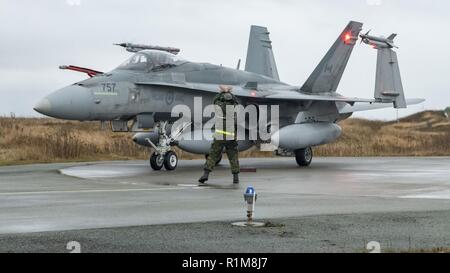 Technicien en aéronautique du 401 e Escadron d'appui tactique mobilise Royal Canadian Air Force CF-188 Hornet dès leur arrivée à Bodo, Norvège le 19 octobre 2018 en prévision de l'Exercice TRIDENT 2018 JUNTURE. Banque D'Images
