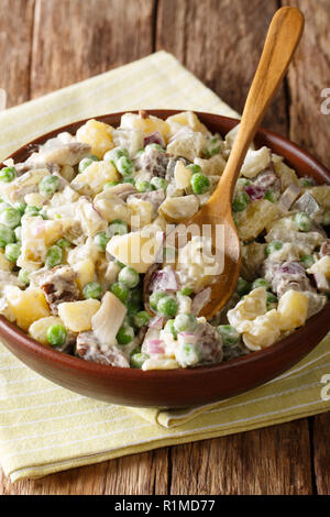 Délicieux salade letton rasols de bouillie et légumes marinés avec du hareng et de close-up dans un bol sur la table verticale. Banque D'Images