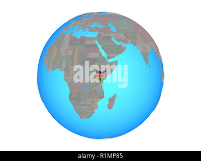 Le Kenya avec drapeau bleu sur globe politique. 3D illustration isolé sur fond blanc. Banque D'Images