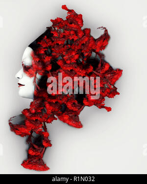 Belle femme artistique profil avec une coiffure extravagante couleur rouge vif Banque D'Images