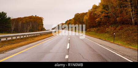 Un pays rural road voyages entre des arbres présentant des couleurs de l'automne à l'approche de l'hiver Banque D'Images
